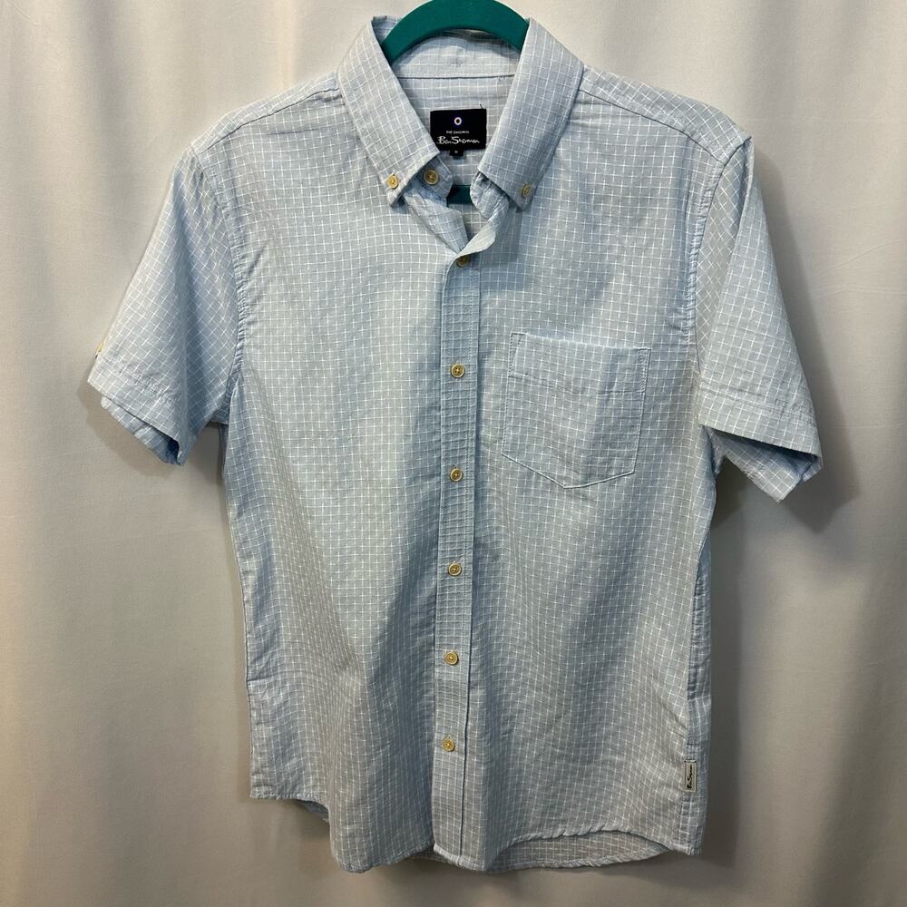 Ben Sherman Blue White Short Sleeve Button Down 100% Cotton 70s Style Top S